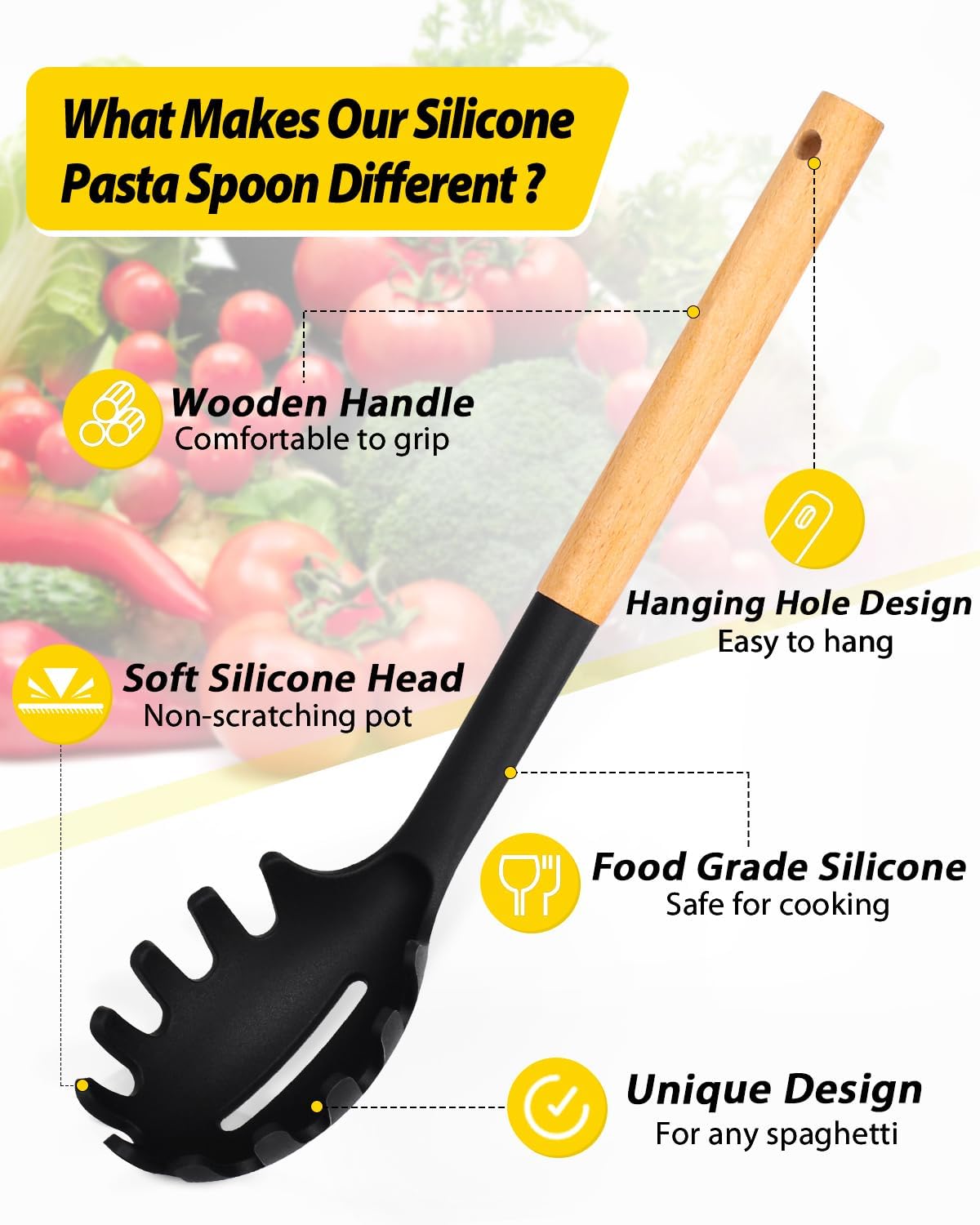 Pack of 2 Spaghetti Spoon, Silicone Pasta Fork with Wooden Handle, Heat Resistant Noodle Spoon Server, BPA Free Spaghetti Strainer(BLACK-WHITE)