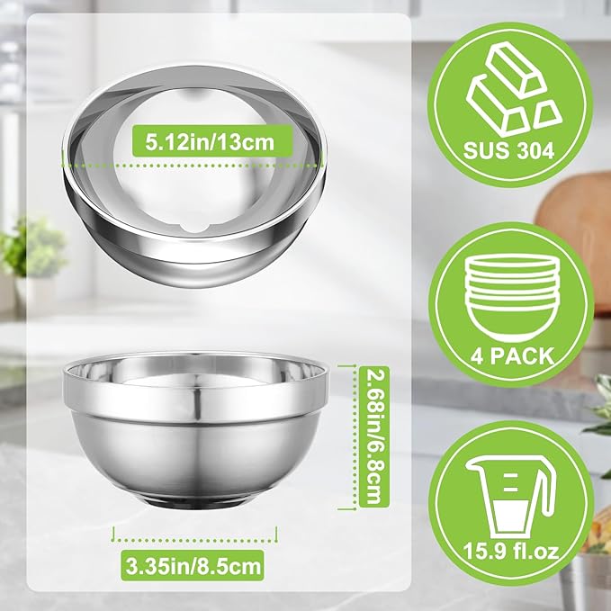 Stainless Steel Bowls, 4 Pack 5.1in 15.9oz 470ml Mini Small SUS304 Double Wall Insulated Stackable Metal Eating Bowl Containers for Serving Snacks Ice Cream Soup Cereal Food Rice Salad
