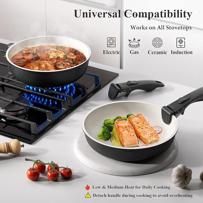 23-Piece Removable Handle Pots and Pans Set Non Stick, Ceramic Cookware Set with Mini Egg Pan, Large Capacity, Non-Toxic, Induction & Oven Safe, Dishwasher Safe, RV Compatible, Black & White