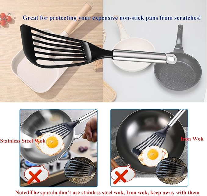Tenta Kitchen Nonstick cookware Thin Fish Spatula Turner Flexible Nylon Metal Egg Spatulas Wide Blade Lightweight Heat Resistant Kitchen Use