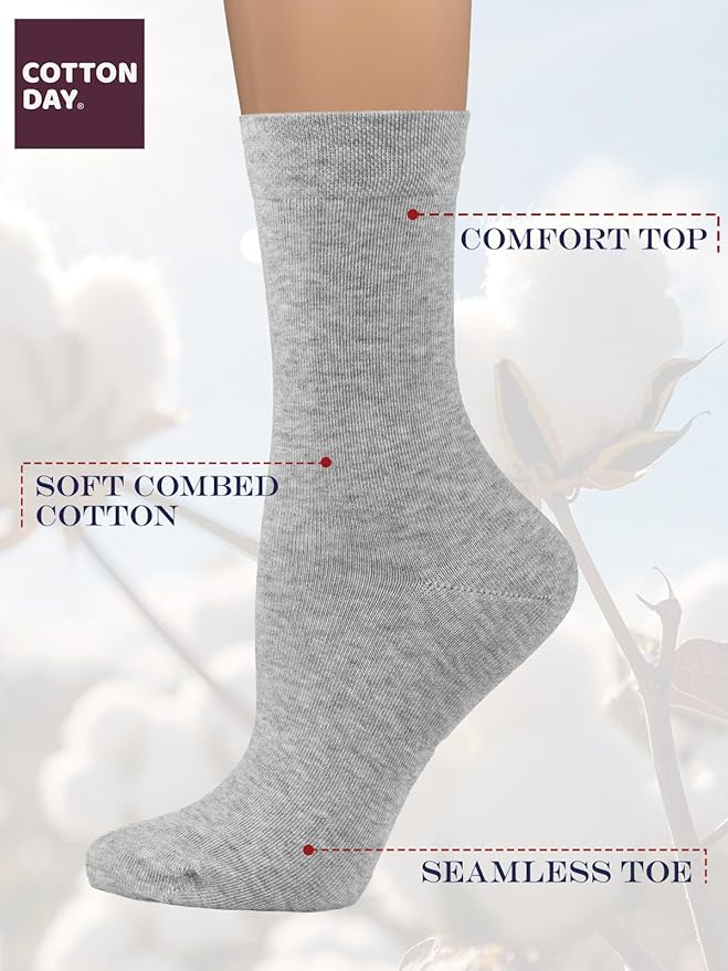 COTTON DAY Women's Soft Combed Cotton Dress Socks Seamless Toe Black White Gray Navy Blue Brown Beige