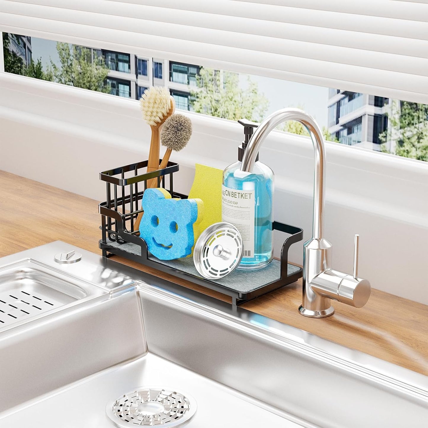 Consumest Sponge Holder for Kitchen Sink - Sink Caddy Organizer with Water Absorbing Stone Tray, Detachable Brush Holder, Stainless Steel Kitchen Counter Organizer Rack, Black