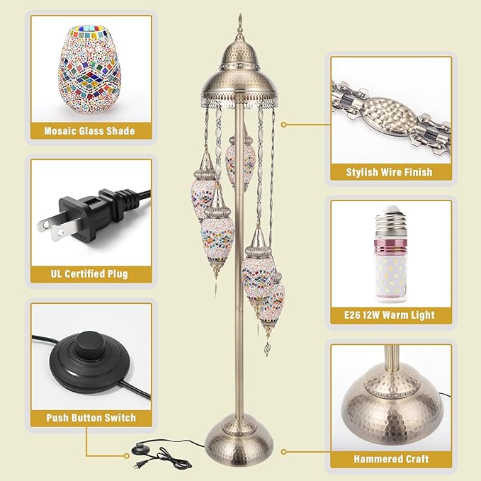 Turkish Floor Lamp, 154CM Moroccan Bohemian Style Living Room Decor, Handcrafted Mosaic Metal Base, Includes 5 Olive Shape Lampshades (XGL Floor-02)