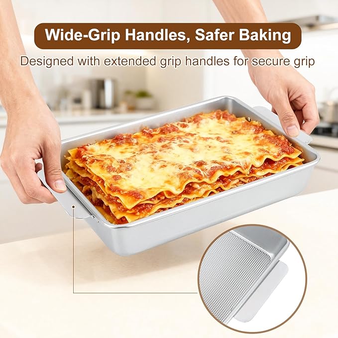 9x13 Baking Pan with Easy-Grip Handles, Aluminized Steel Textured Nonstick Rectangle Cake Pan, Deep Brownie & Lasagna Pan, Warp-Resistant Heavy-Duty Bakeware for Family Meals