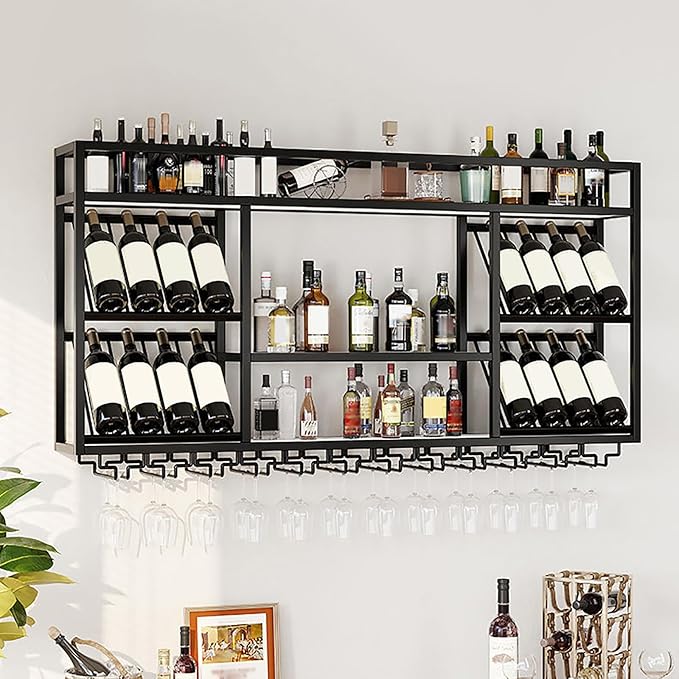Wall Mounted Wine Racks with Glass Holder, 3 Tier Wine Storage Display Rack, Floating Rustic Metal Bar Liquor Shelves, for Home Bar, Wine Kitchen Storage (Black, 39.37x27.55x9.8in)