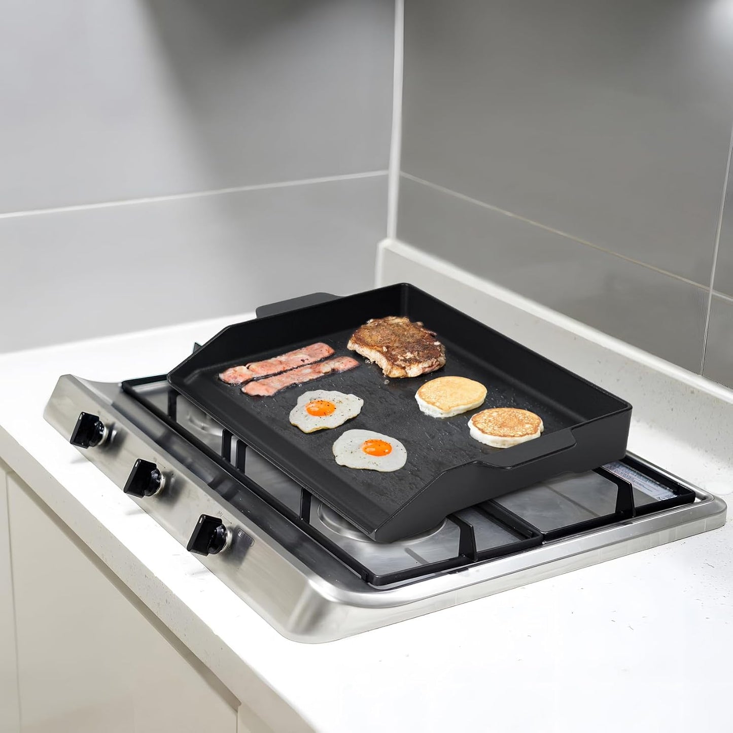 Onlyfire Universal Cast Iron Cooking Griddle, Nonstick Coating Griddle Flat Top Grill Plate with Extra High Sidewalls for Charcoal, Gas Grills and Range Oven, 18.5" × 14"