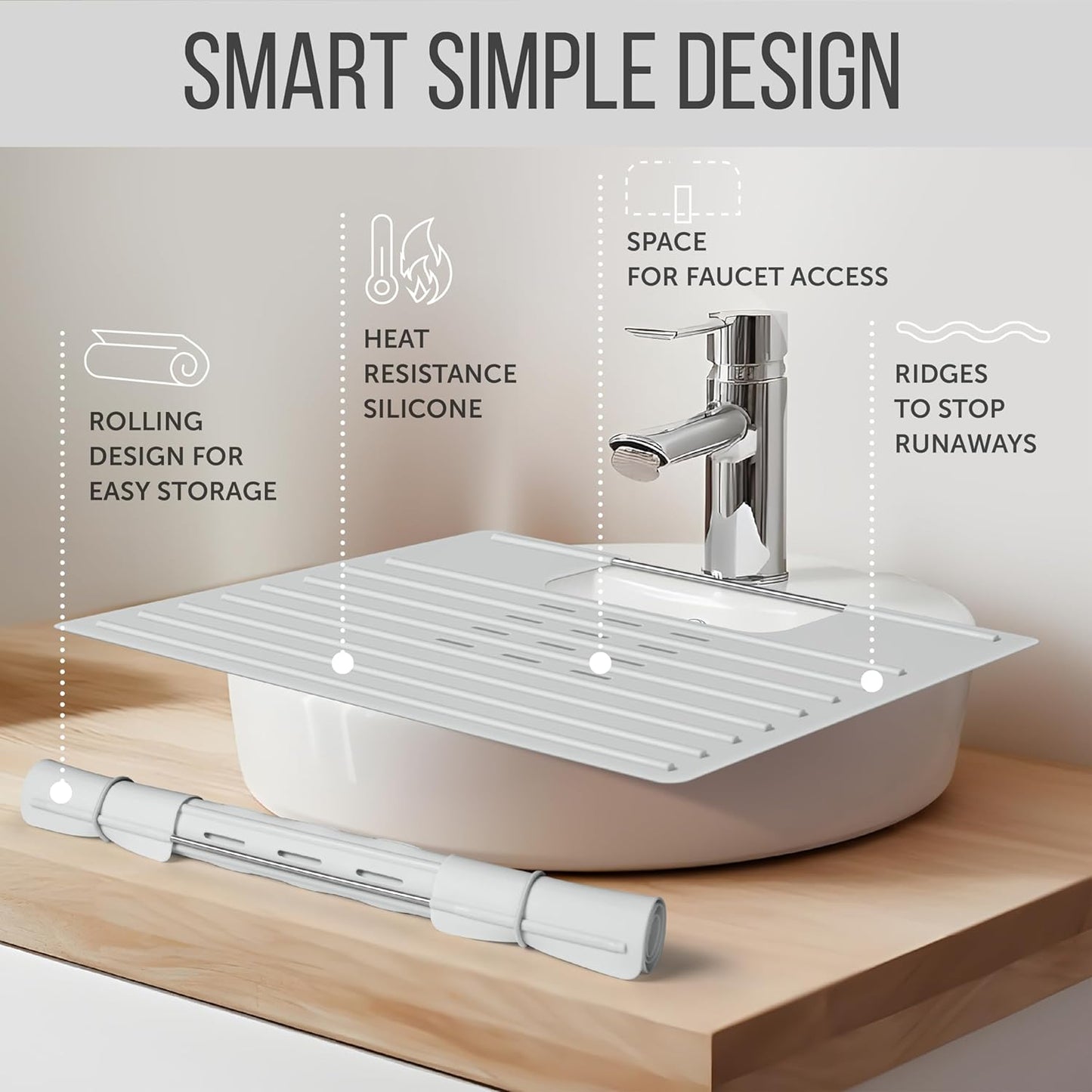Maplefield Bathroom Sink Cover for Counter Space - Gray, 22 x 2 x 2 Inches - Heat Resistant Silicone Mat - Foldable Vanity Makeup Tray - Space-Saving Sink Cover