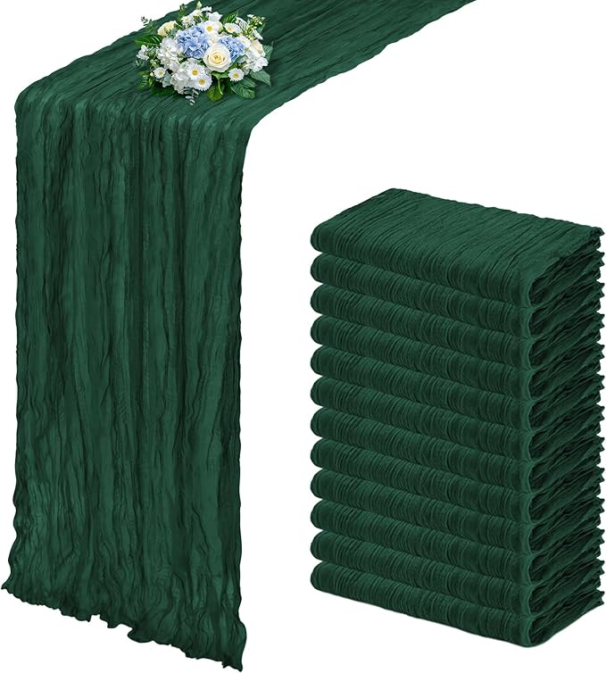 12 Pack Emerald Green Cheesecloth Table Runner 17x108 Inch Semi Sheer Boho Gauze Cheese Cloth Fabric Table Runners, for Wedding Party Baby Shower Birthday Home Decor Garden Farmhouse