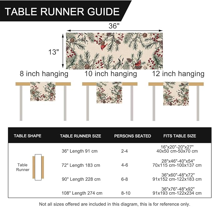 Seliem Winter Pine Needle Branches Table Runner, Pine Cone Cardinal Red Birds Berry Farmhouse Kitchen Dining Table Decor, Christmas Holiday Home Decoration Indoor Outdoor Party Supply 13 x 36 Inches