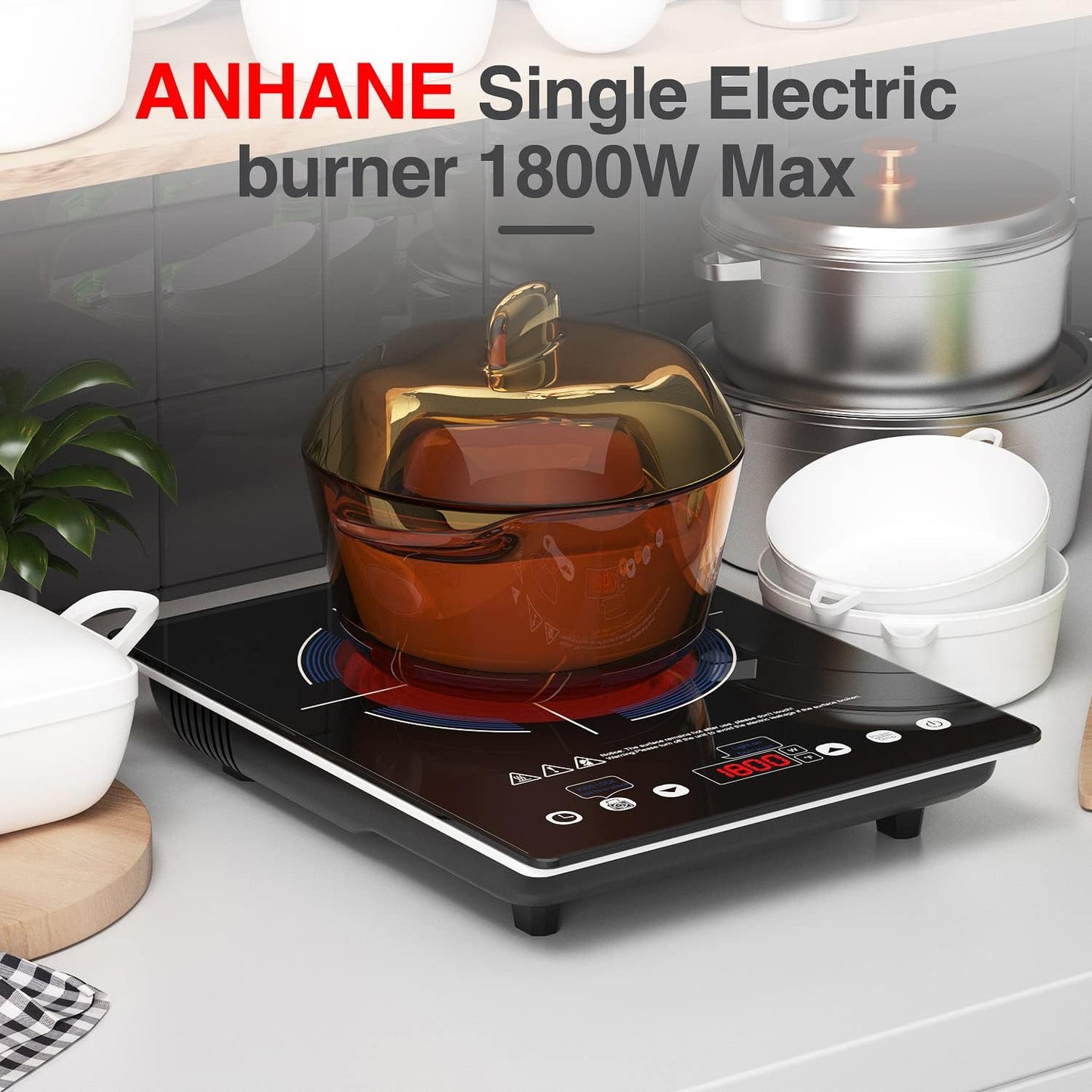 Electric Cooktop 110v,Single Burner Electric Stove Infrared Cooktop Hot Plate 1800W,4-Hour Setting,Black Crystal Glass Surface Compatible for All Cookware