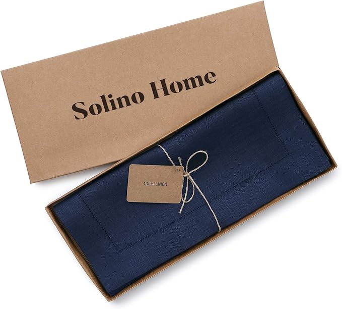 Solino Home Linen Navy Blue Table Runner 132 Inches Long - 100% Pure Linen Extra Long Table Runner 14 x 132 Inch for Christmas, New Year - Classic Hemstitch