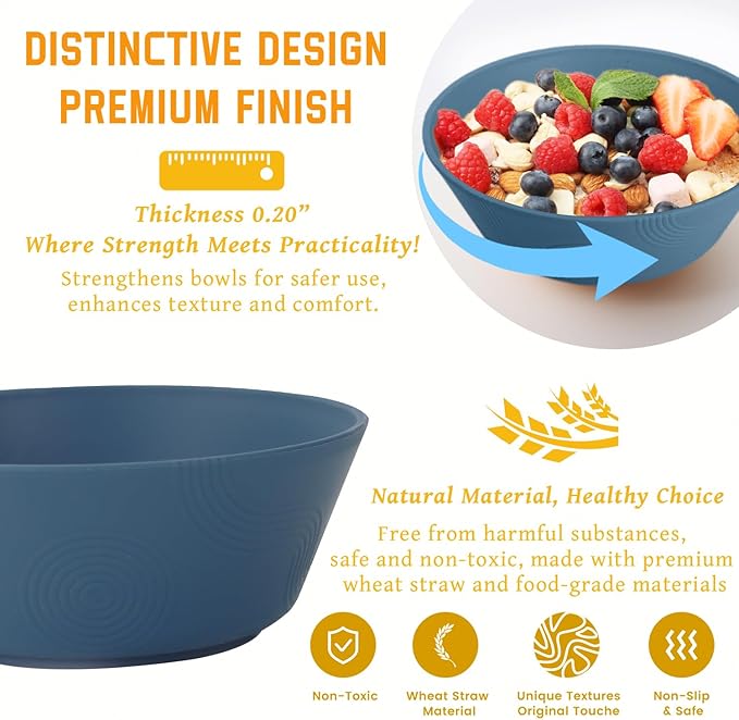 Homienly Wheat Straw Bowls, Unbreakable Soup Bowls Set of 6, Alternatives Plastic Bowls Microwave Safe, Dishwasher Safe Stackable 36oz Large Cereal Bowl for Kitchen, Camping, Serving (Navy Blue)