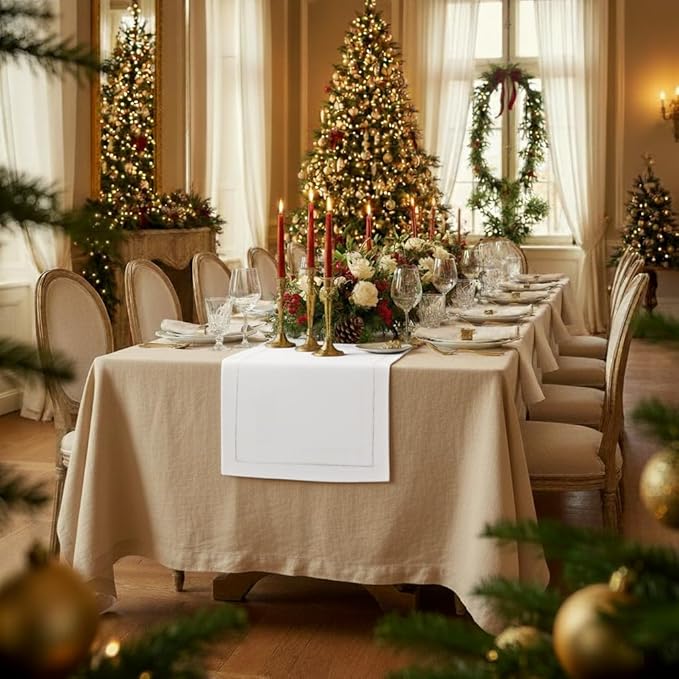 D'Moksha Homes Linen White Table Runner 144 Inches Long - 100% Pure Linen Extra Long Table Runner 14 x 144 Inch for Winter, Christmas, Holiday, New Year - Classic Hemstitch