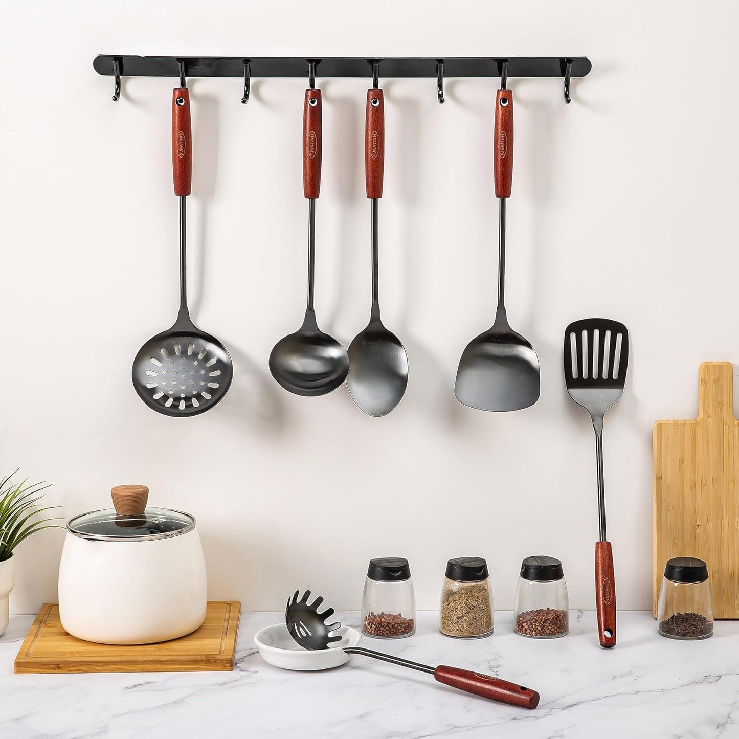 FJNATINH 304 Stainless Steel Kitchen Utensil Sets - 6 PCS Wok Spatula Sets Cooking Utensil Tools Spatula, Soup Ladle, Skimmer Spoon, Slotted Spatula Tunner, Spaghetti Spoon, Large Spoon