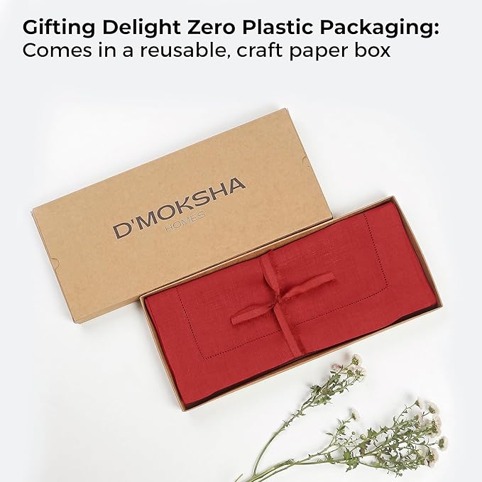 D'Moksha Homes Linen Bright Red Table Runner 90 Inches Long - Classic Hemstitch 100% Pure Linen Dining Table Runner 14 x 90 Inch for Winter, Christmas, Holiday, New Year