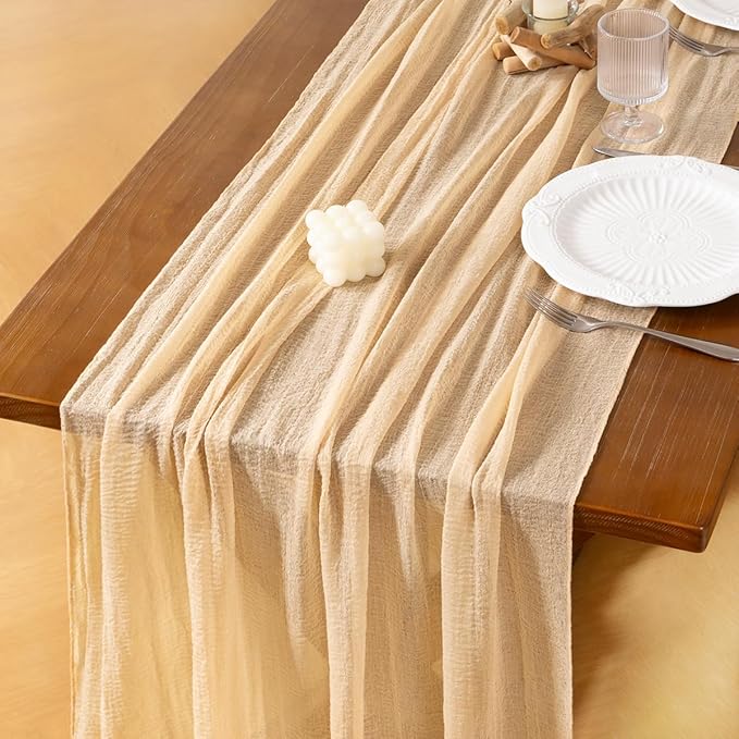 Socomi 3pcs Beige Cheesecloth Table Runner Fall Thanksgiving Gauze 120 Inch Rustic Boho Cheese Cloth Runner for Wedding Party Baby Bridal Shower Centerpiece Decoration Holiday Home Decorations