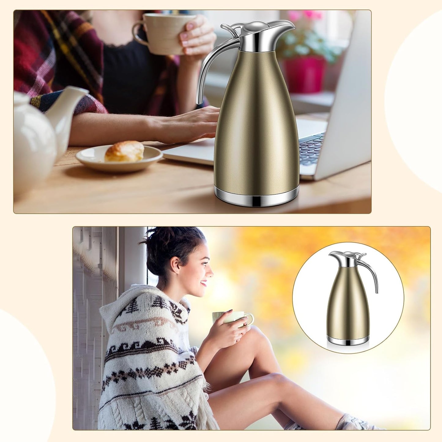 Uiifan 2 Pcs 68 oz Thermal Coffee Carafe Insulated Stainless Steel Coffee Carafe for Hot Liquids Vacuum Thermal Pot Creamer Dispenser with Brushes Keeping Hot Tea Milk Water(Champaign Gold)