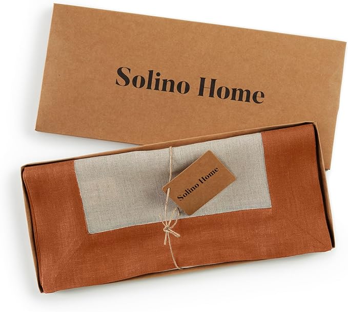 Solino Home Linen Table Runner 72 Inches Long - Cinnamon and Natural 100% Pure Linen 14 x 72 Inch Table Runner for Dining, Dresser, New Year - Contempo