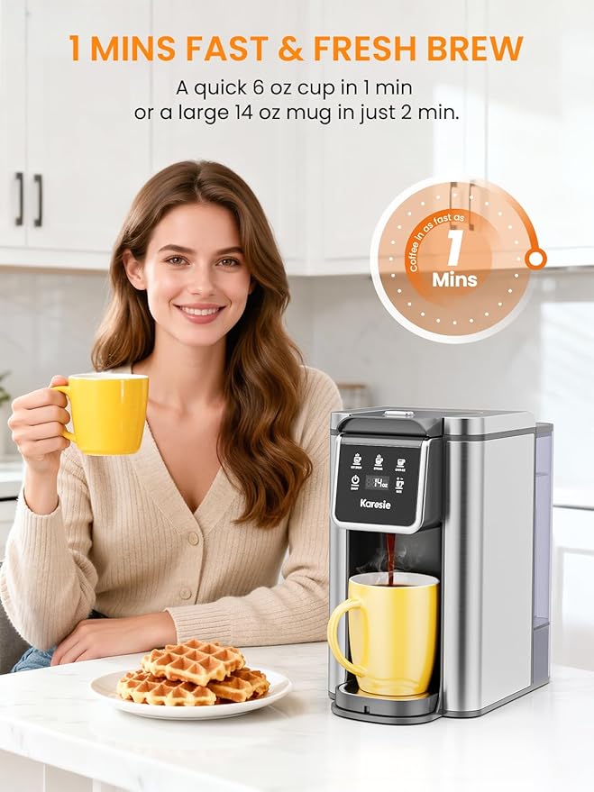 Single Serve Coffee Maker for K-Cup and Grounds, 6-14 oz Brew Sizes Hot & Iced Coffee Maker, Strong Brew Setting, 50 oz Removable Tank, Descaling Reminder, Stainless Steel,Black