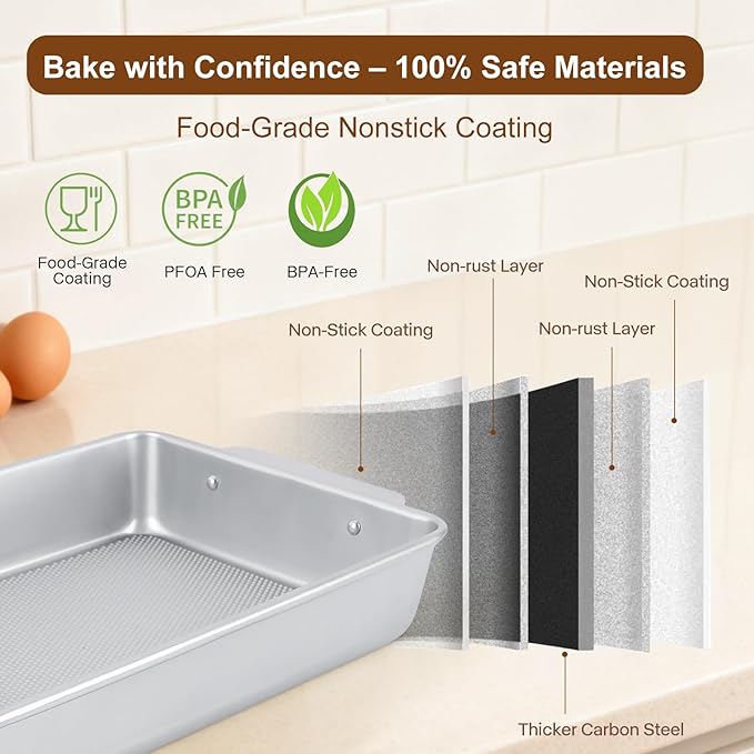 9x13 Baking Pan with Easy-Grip Handles, Aluminized Steel Textured Nonstick Rectangle Cake Pan, Deep Brownie & Lasagna Pan, Warp-Resistant Heavy-Duty Bakeware for Family Meals