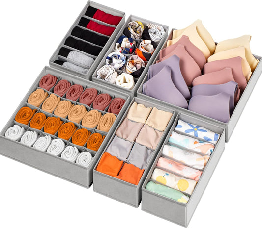 6 Pack Sock Underwear Drawer Organizer Dividers, 58 Cell Foldable Fabric Dresser Closet Organizers and Storage Bins for Clothing, Baby Clothes, Bra, Panty, Scarf, Ties (Grey)
