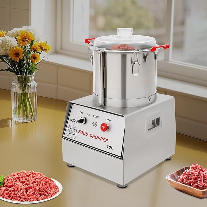 1100W Commercial Food Processor, 10L Stainless Steel Electric Food Chopper Machine, 1400RPM Grinder with Safety Lock & Clear Lid