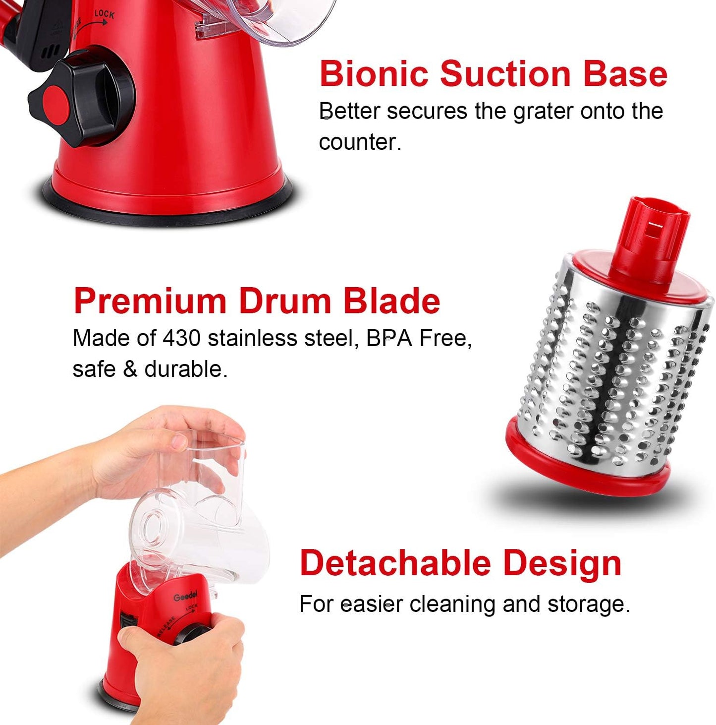 Geedel Rotary Cheese Grater, Kitchen Mandoline Vegetable Slicer with 3 Interchangeable Blades, Easy to Clean Grater for Fruit, Vegetables, Nuts