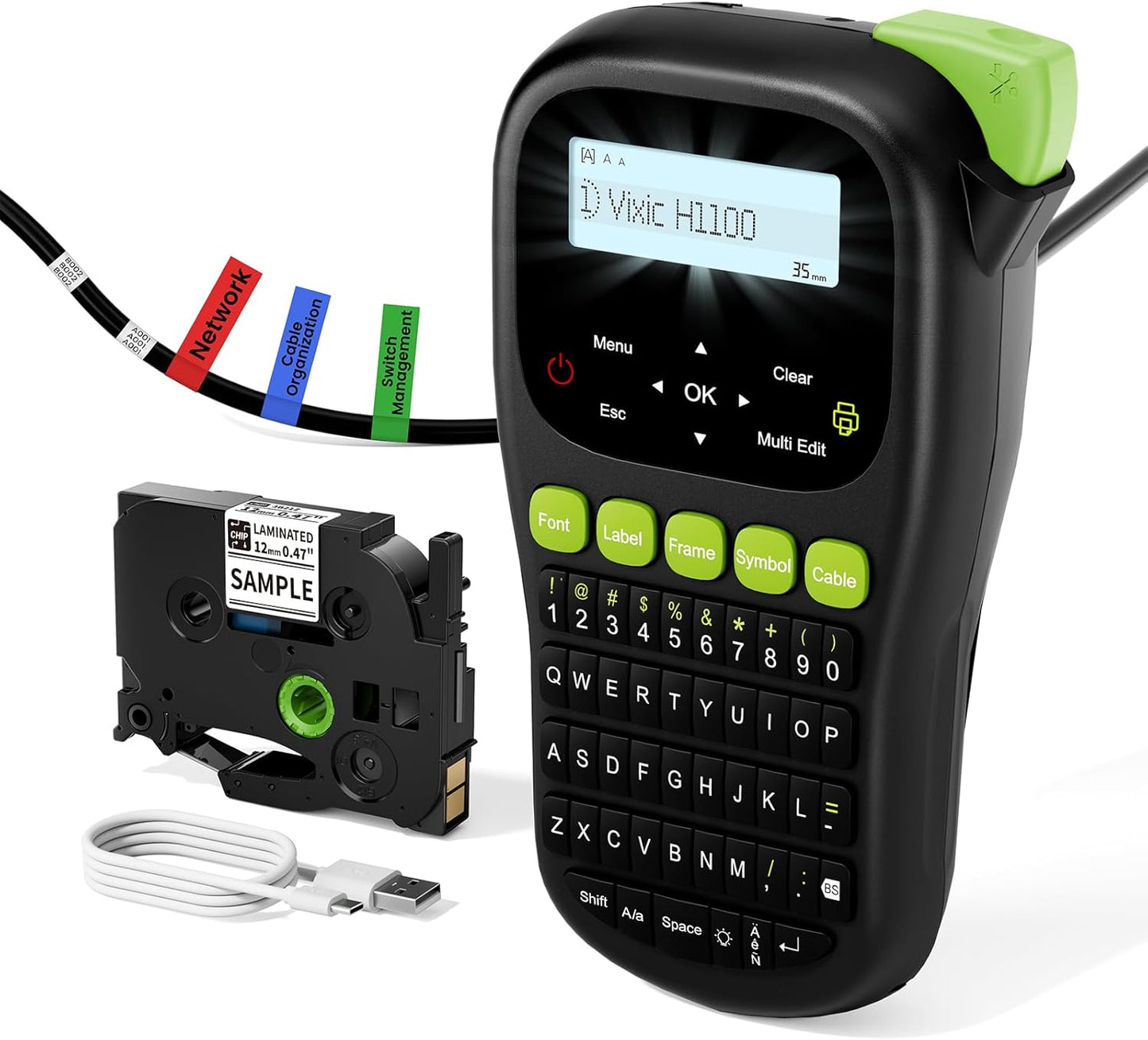 Label Maker Machine, H1100 Label Makers with Backlit Screen, Portable Label Maker Waterproof-Labels Handheld Labeler with Keyboard, Industrial Labeling Machine for Cable Wire Network