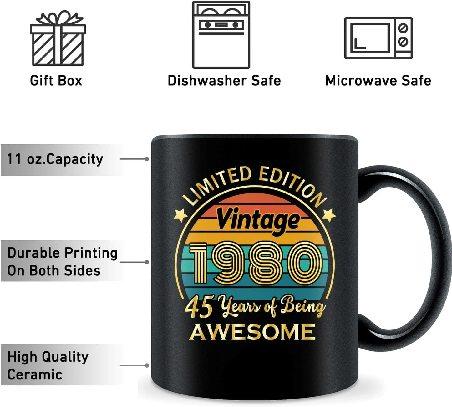 QUPT 45th Birthday Gifts for Women Men, 45th Birthday Gifts for Him, 1980 Birthday Gifts for Women Men, 45 Years Old Gifts, 1980 Birthday Gifts for Her Him, 45th Birthday Presents Coffee Mug
