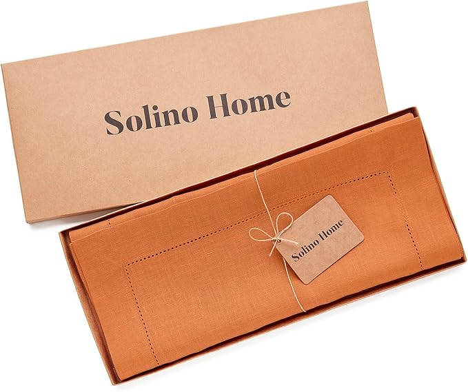 Solino Home Linen Pumpkin Hemstitch Table Runner 36 Inches - 100% Pure Linen Small Table Runner 14 x 36 Inch Ideal for Dresser and Coffee Tables - Classic Hemstitch - Holiday