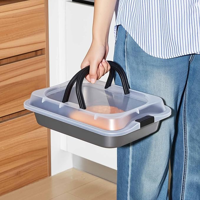 1 Pcs Cake Baking Pan with Lid and Handle, 9 x 13 Inch Non-stick Rectangle Sheet Cake Pan Carrier for Brownie Roasting Cooking Baking (Black Gray)