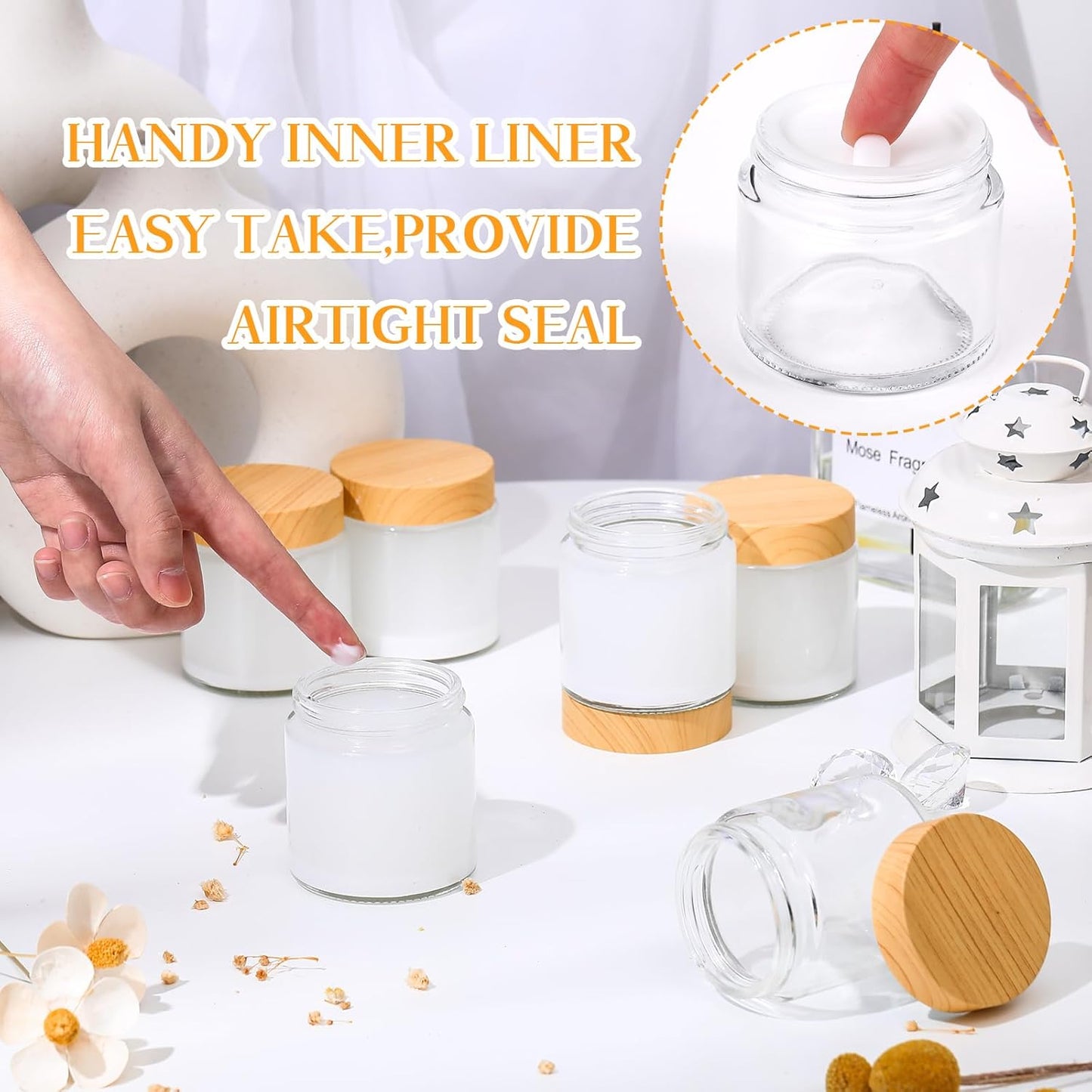 Norme 12 Pcs 4 oz Glass Jars with Lids Empty Small Glass Containers and Inner Liners Reusable Cosmetic Jars Round Airtight Bottles with Plastic Woodgrain Lids for Travel