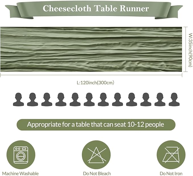 6 Pack Sage Green Cheesecloth Table Runner 35"×120" Gauze Fabric Table Runner Rustic Sheer Runner for Wedding Birthday Baby Shower Party Table Decoration Sage Green 6 Pack