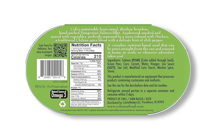 COLE’S - Patagonian Smoked Salmon Fillet with Vegetables| Ready to Eat Meal | 5.6 oz Canned & Hand-Packed | 19g Protein | High in Vitamin D | 6 Pack