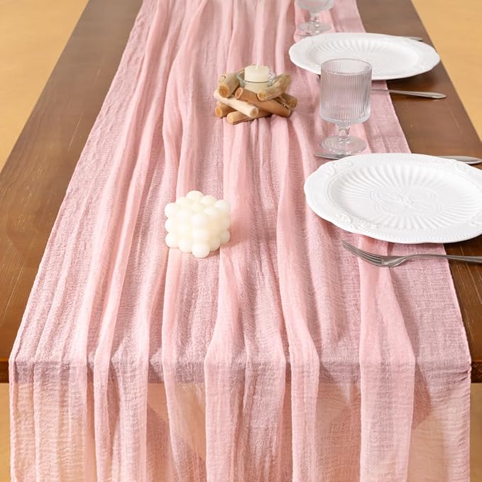 Socomi Pink Gauze Fall Thanksgiving Cheesecloth Table Runner Blush 120 Inch Rustic Boho Cheese Cloth Runner for Wedding Party Baby Bridal Shower Centerpiece Decoration Holiday Home Decorations