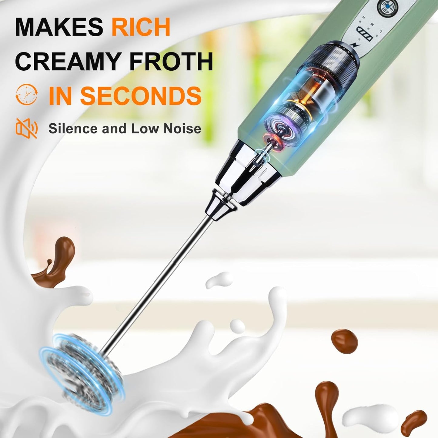 YUSWKO Granite Rechargeable Milk Frother for Coffee with Stand, Handheld Drink Mixer with 3 Heads 3 Speeds Electric Stirrers for Latte, Cappuccino, Hot Chocolate, Egg