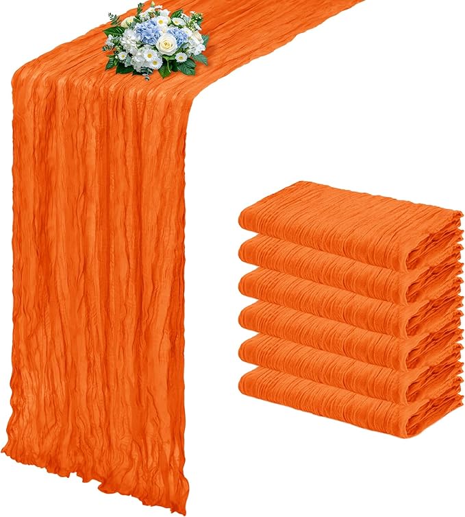 6 Pack Orange Cheesecloth Table Runner 17x108 Inch Semi Sheer Boho Gauze Cheese Cloth Fabric Table Runners, for Wedding Party Baby Shower Birthday Home Decor Garden Farmhouse