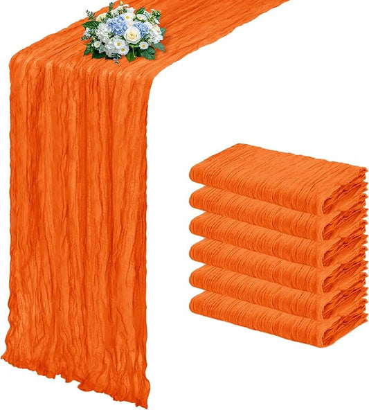 6 Pack Orange Cheesecloth Table Runner 17x108 Inch Semi Sheer Boho Gauze Cheese Cloth Fabric Table Runners, for Wedding Party Baby Shower Birthday Home Decor Garden Farmhouse