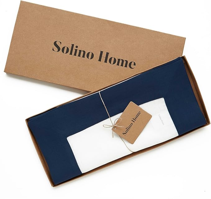 Solino Home Linen Table Runner 36 Inches - 100% Pure Linen Navy and White Table Runner 14 x 36 Inch Ideal for Dresser and Coffee Tables - Holiday, Winter - Contempo