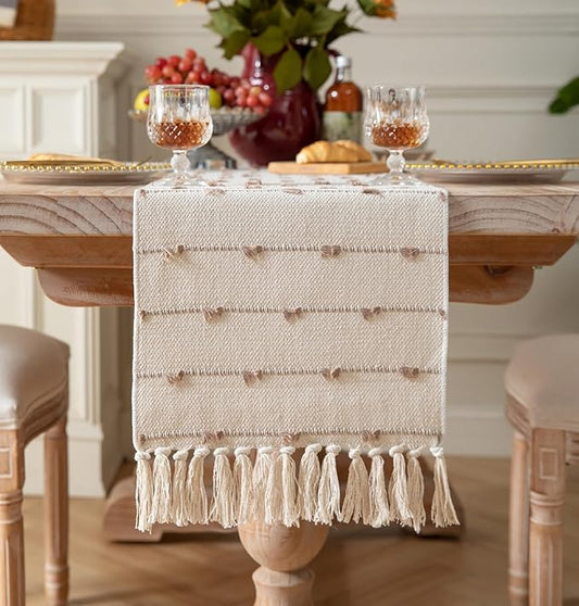 Caflife Boho Table Runner 108 Inchs Long for Modern Farmhouse Room Home Decor, Taupe and Beige Coffee Table Runner, Natural Cotton Woven with Tassels Neutral, for Kitchen Dining Table Decor