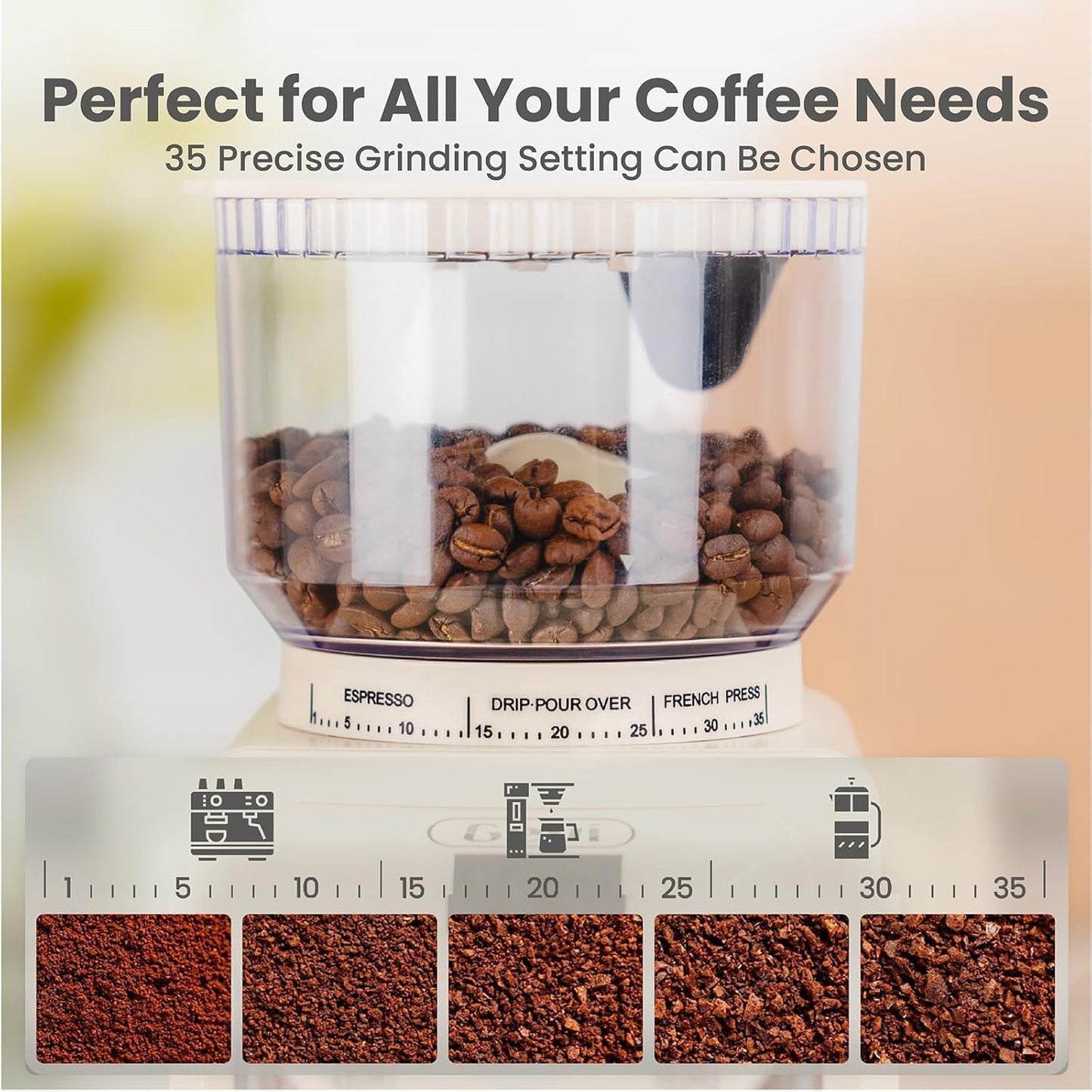 Gevi Coffee Grinder Electric,Coffee Bean Grinder with 35 Grind Settings for Espresso,Drip,French Press,Burr Coffee Grinder for Home Use,Anti-static Design,Beige
