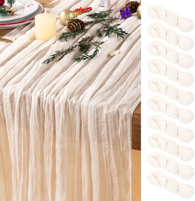 Ivory White Cheesecloth Table Runner 10 Pack Christmas Table Runners Boho Gauze 120 Inches White Cheese Cloth Table Decor for Xmas Holiday Season Parties Weddings Bridal Baby Shower