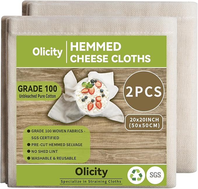 Olicity Cheesecloth, Grade 100, 20x20Inch Hemmed Cheese Cloths Reusable, 100% Unbleached Strainer Muslin Cloth for Cooking, Straining, Jelly Making - 2 Pieces