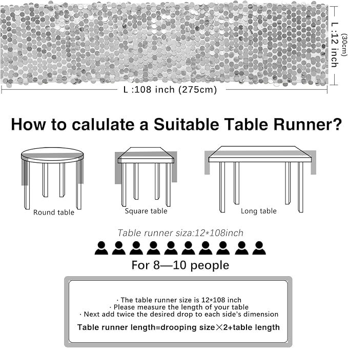 12 x 108 Inch Silver Sequin Table Runner Glitter Rectangle Big Sequin Table Runner for Wedding Party Birthday Christmas Halloween Decoration (1 Pack)