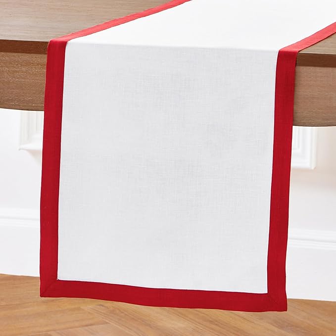 Solino Home Linen Table Runner 108 Inches Long - 100% Pure Linen Red and White Dining Table Runner 14 x 108 Inch for Christmas, Holiday, Winter, New Year - Classic