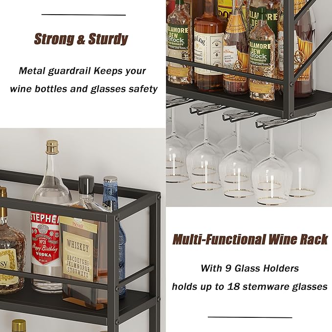 Wall Mounted Wine Rack, 2-Tier Wall Bar Shelves for Liquor Bottles, Metal Bottle Holder Wine for Wine Storage & Display for Home Bar & Dining Room (39.3×7.8×26in)