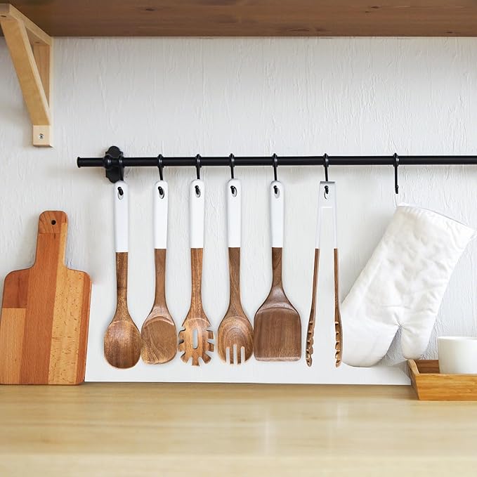 Wooden Spoons For Cooking, 6 PCS Natural Acacia Wooden Cooking Utensils, Smooth Grip Wood Cooking Spoons with Hanging Hole, Non-Stick Wooden Utensil Set for Kitchen Essentials, White