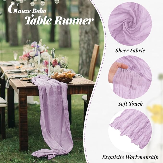 Aktor 6 Pack Lavender Cheesecloth Table Runner 10Ft Gauze Table Runner Boho Semi Sheer Cheese Cloth Fabric Runners for Wedding Birthday Baby Shower Party Table Decoration（Lavender）