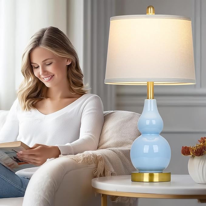 25" Modern Ceramic Table Lamps Set of 2, Blue Double Gourd Ceramic Lamps for Living Room, Coastal Farmhouse Rustic Bedside Nightstand Nautical Lamps for Bedrooms Home Office Dorm(2 LED Bulbs Included)