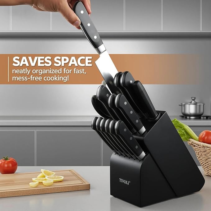 TIVOLI Knife Block Set, 15 PCS Kitchen Knife Set with Block & Honing Rod & Kitchen Scissor, High Carbon Stainless Steel Cutlery Knife Set, Ergonomic Wood Handle, Gifts For Cooks, Black